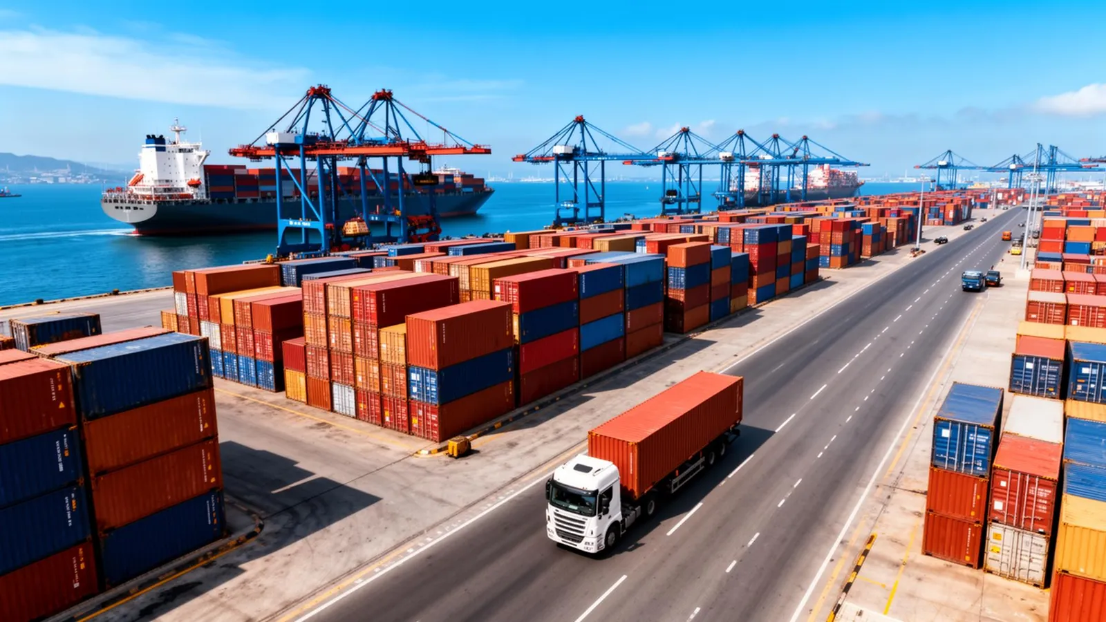 Porto de Santos com containers e caminhões — Transporte de Container Porttus Log